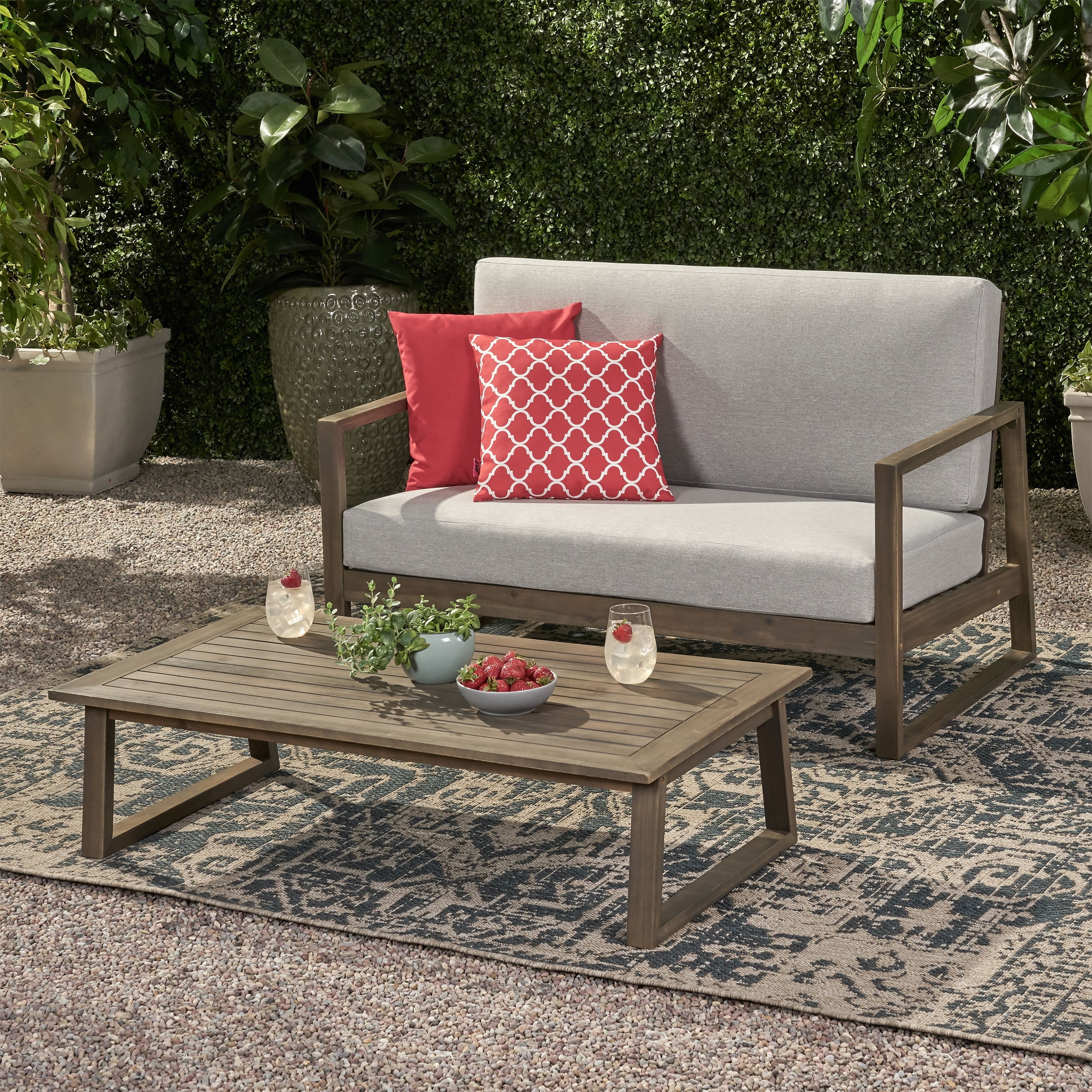 Outdoor Double Sofa and Coffee Table Leisure Set, Acacia Wood Frame Combination Furniture for Patio Garden, Gray and Light Gray