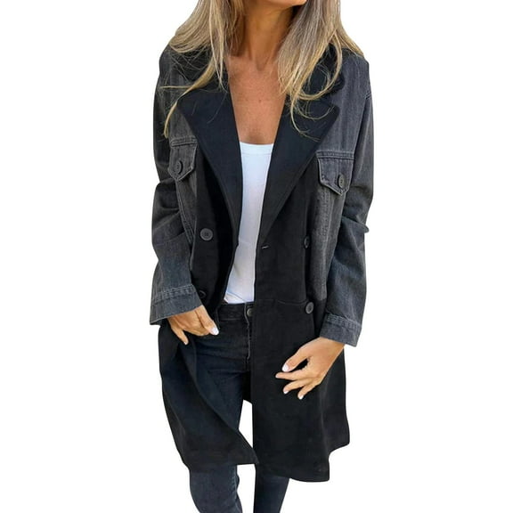 Niaviben Denim Trench Coat Women Long Denim Jacket Women Oversized Jean Jacket Jackets Women Jacket Women Jean Jacket for Women Denim Jackets for Women Black L