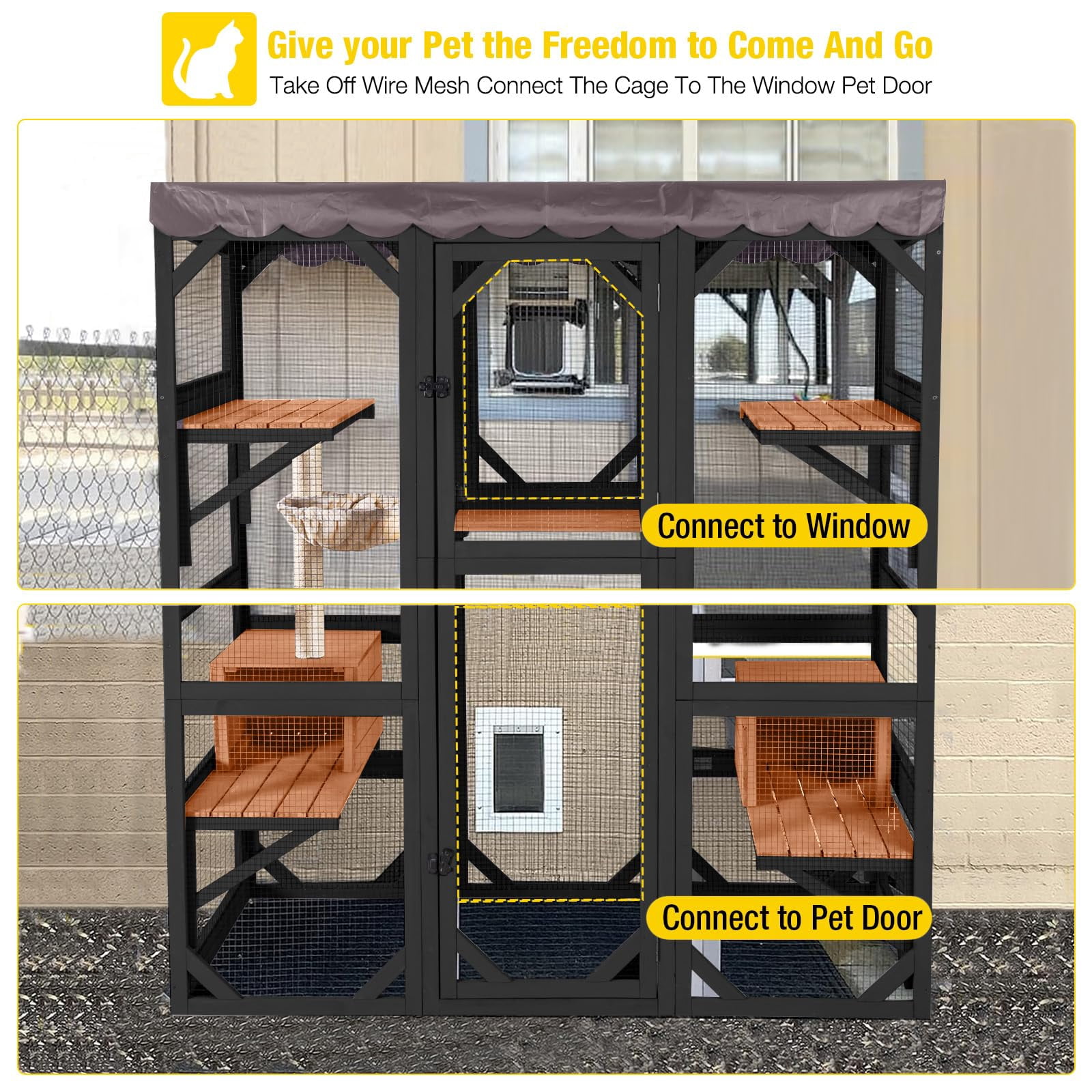 Aivituvin Catio Outdoor Cat Enclosure Large Cat House for Mulitiple Cats Walk in Kitty Cage with Tarp Roof 70" Black