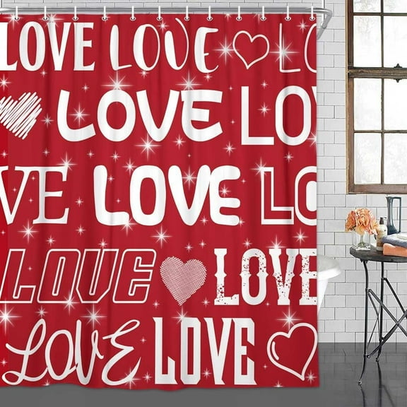 Red Valentine''s Day Shower Curtain, Love Shower Curtain Romantic Red Love Shower Curtain Valentines Heart Shower Curtain, Waterproof Bathroom Decor Set with 12 Hooks 36X72 Inch