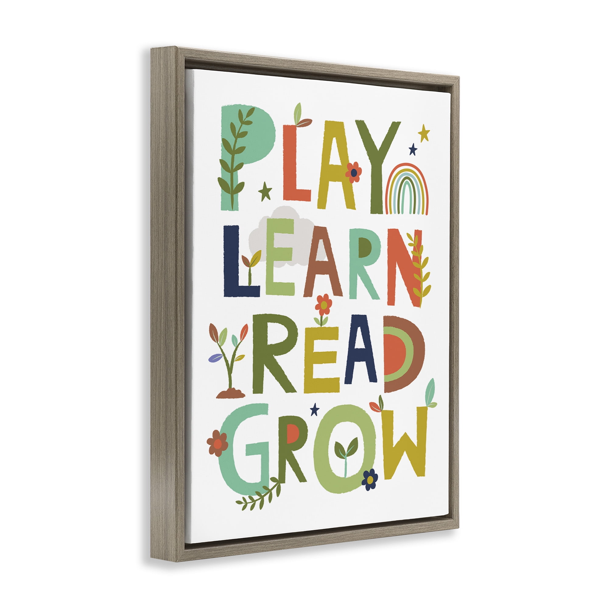 Stupell Industries Play Learn Read Grow Typography Literature & Flim Painting Brown Floater Framed Canvas Art Print Wall Art, 25 x 31