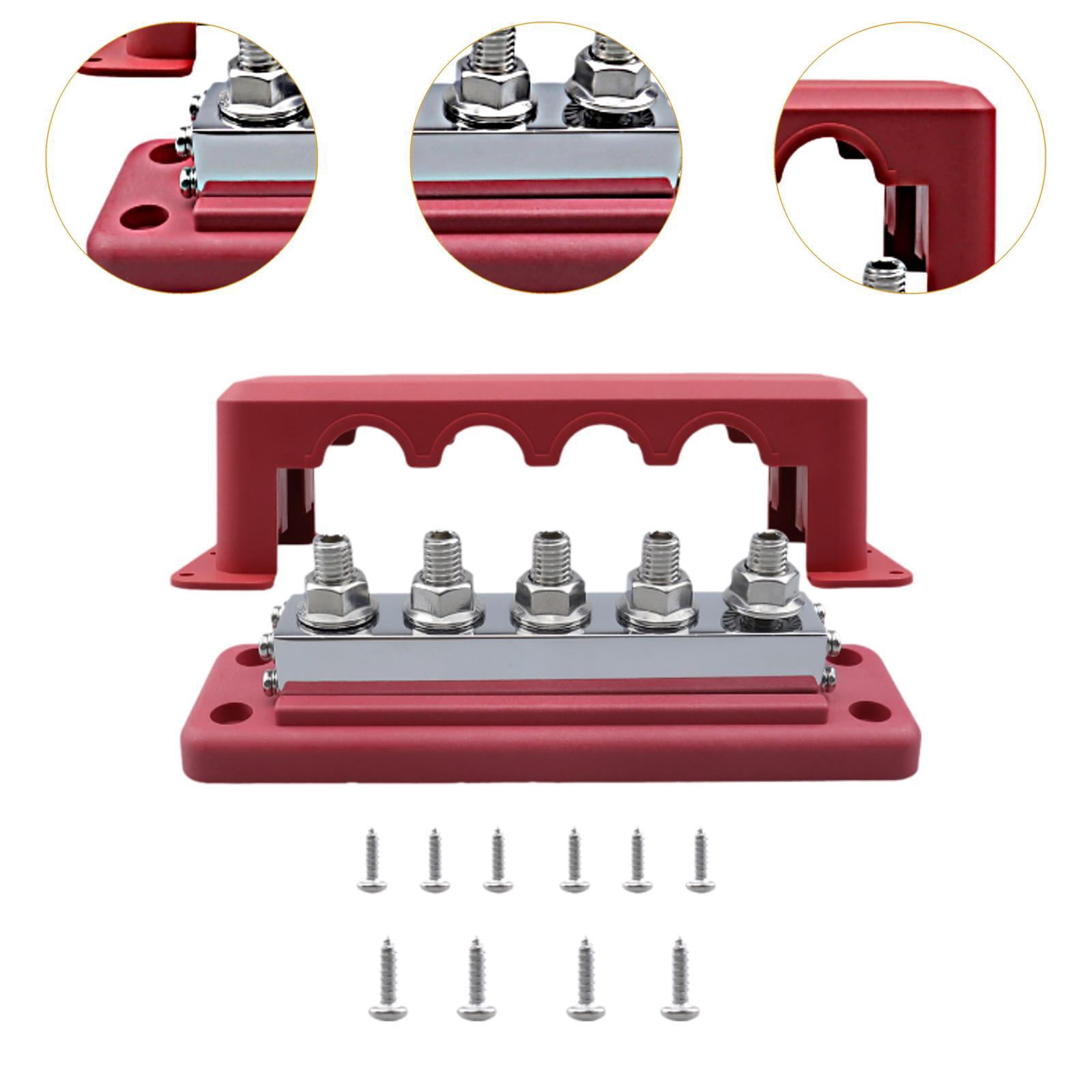 funtasica Bus Bar Power Distribution Block Max 300V 600A Heavy Duty, 5 Post Busbar Terminal Block for Boat, Automotive, RV, Car, Yacht Red