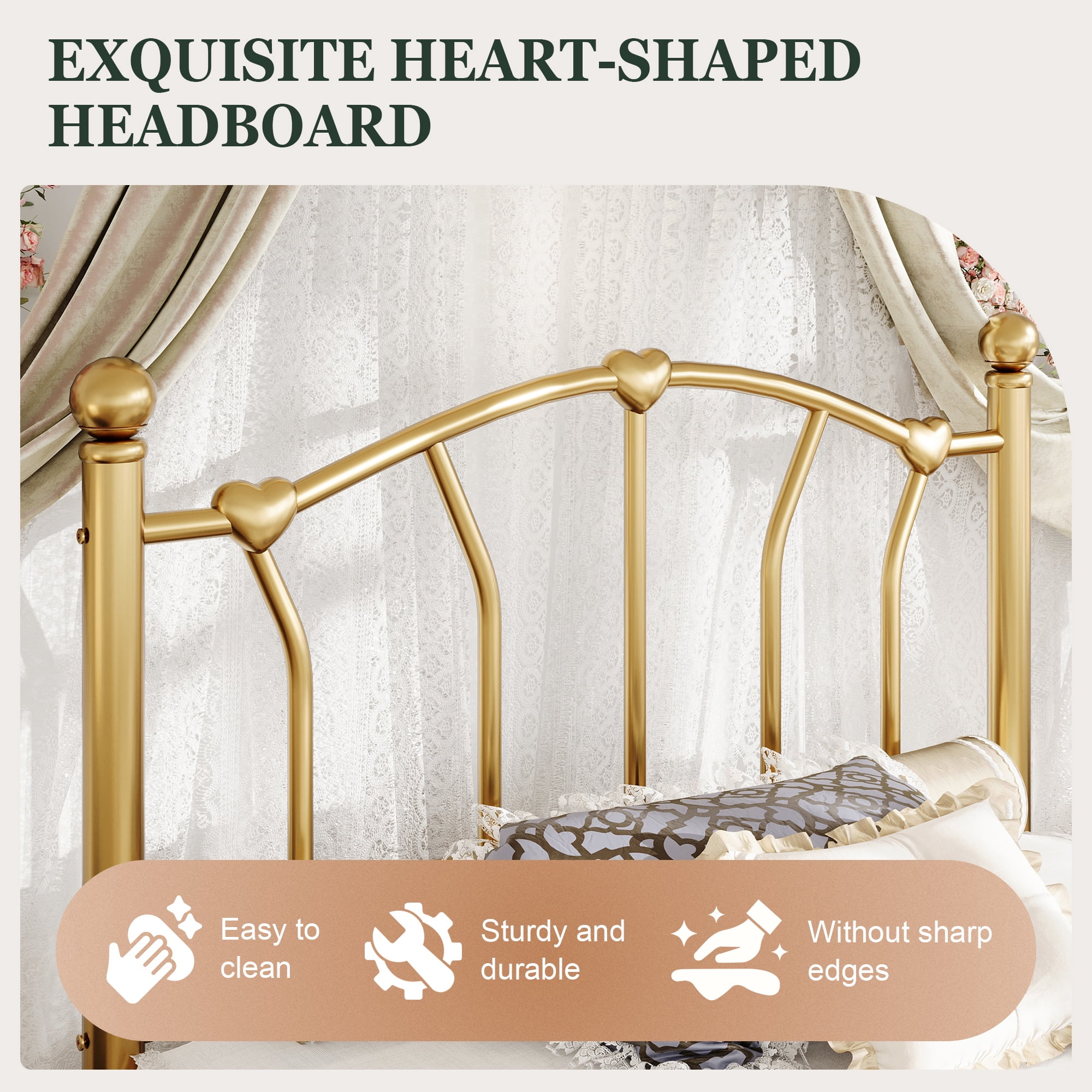 Amolife Twin Bed Frame, Metal Platform Bed with Heart-Shaped Headboard and Footboard, 12.6'' Under-Bed Storage Space, No Box Spring Needed, Gold