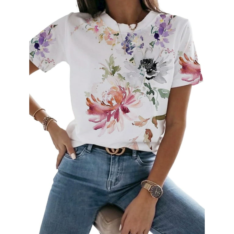 Skksst Womens Short Sleeve Floral Print Pullover Blouse T-shirt