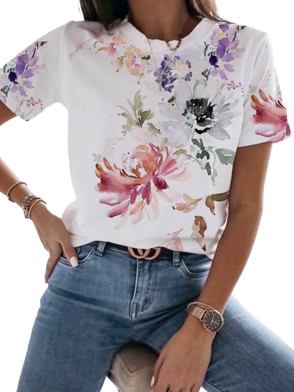 Womens Casual Tops Short Sleeve Floral Print Pullover Blouse T-Shirt