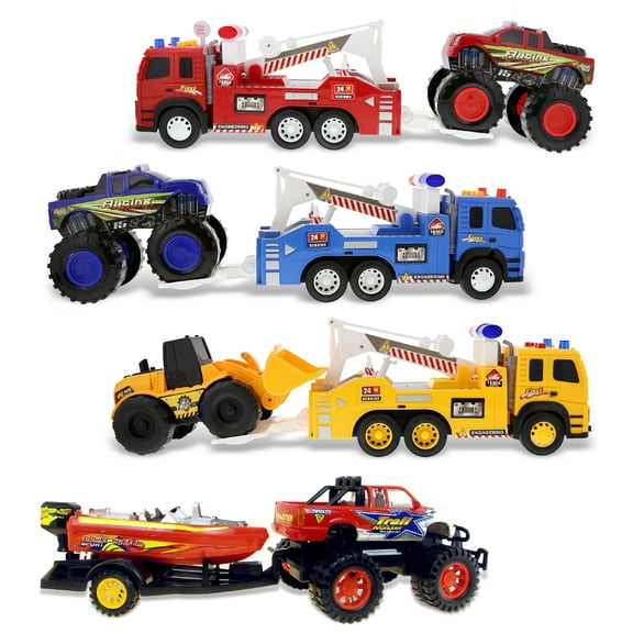Mozlly Bundle Pack of 4 Friction Powered Toy Trucks: 3 Emergency Tow Trucks with Sounds & Lights & 1 Monster Truck with Speed Boat Trailer - Push & Go Transport Toys - 4 Pc Set, Styles May Vary