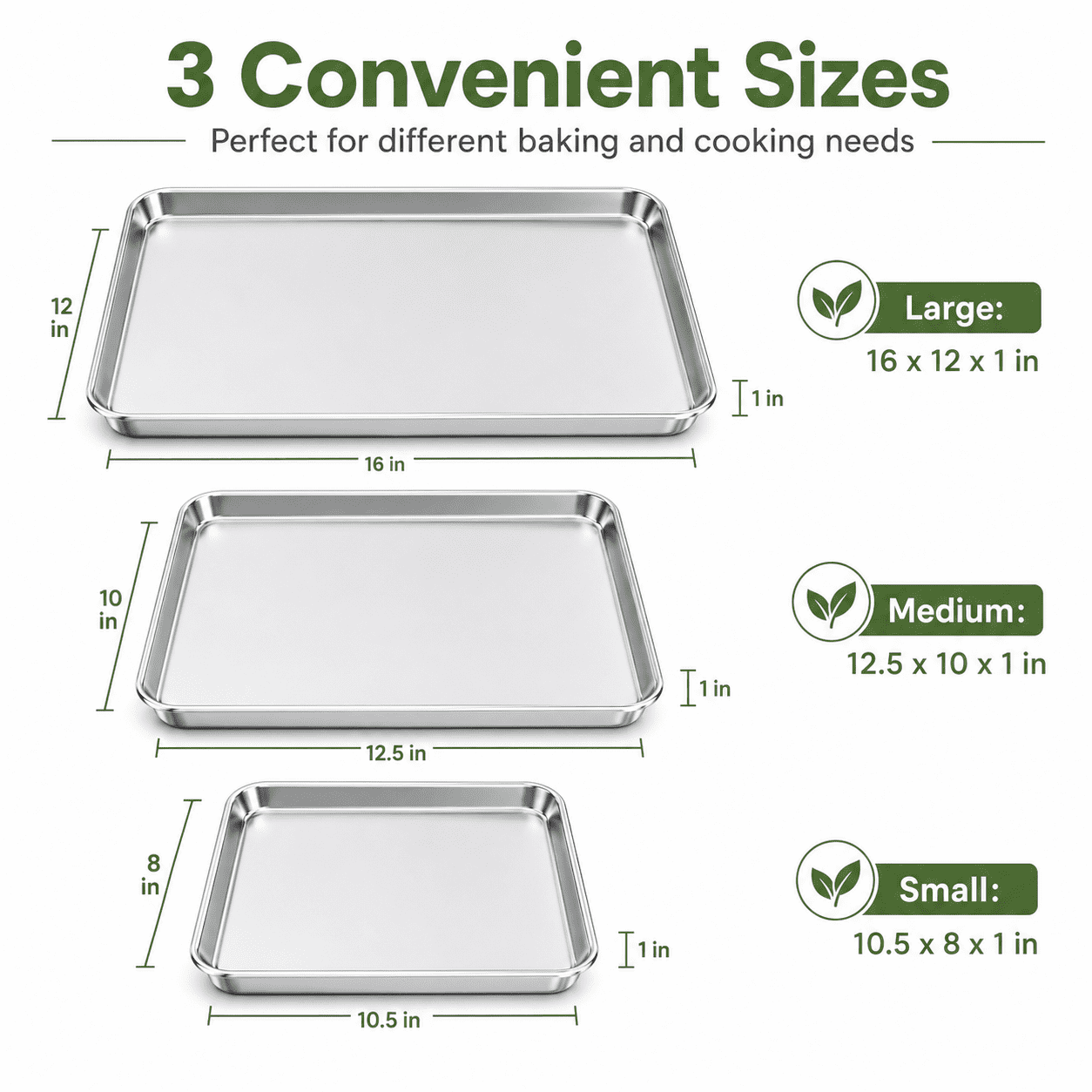 TINANA Baking Sheet Set of 3, Stainless Steel Cookie Sheet, Toaster Oven Baking Pan Set, Rectangle Size 10/13/16 inch, Mirror Finish & Rust Free, Dishwasher Safe