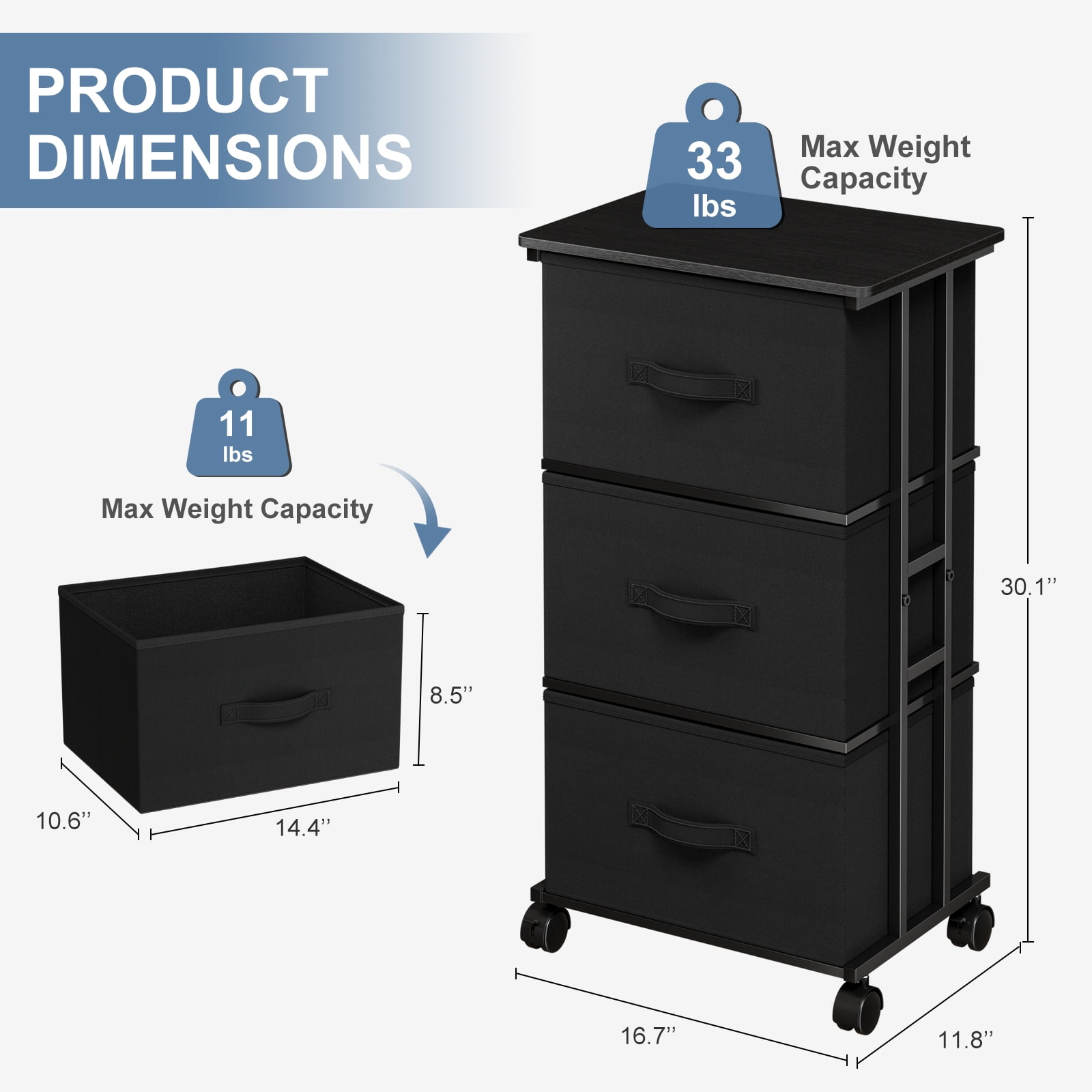 edx Rolling Nightstand with Wheels, 3 Drawer Fabric Storage for Bedroom, Entryway, Closets, Office, Black