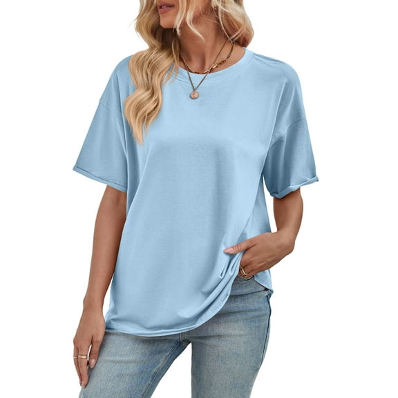 Womens Oversized T Shirts Loose Fit Crewneck Short Sleeve Tops Summer Casual Blouse Y2K 2025 Basic Tee Sky Blue XL