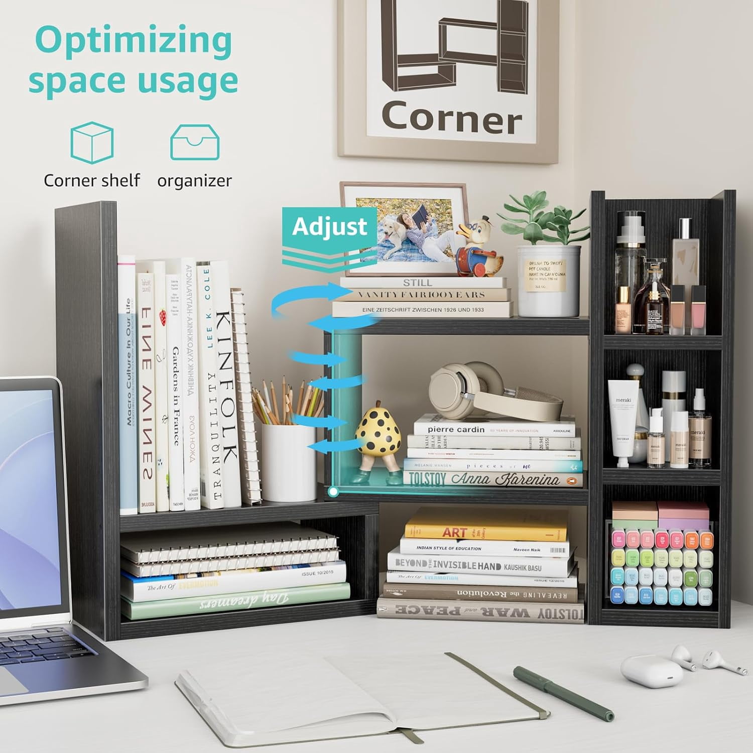 Adjustable Desk Shelves Organizer with 3 Tiers for Office Desktop Storage and Accessories