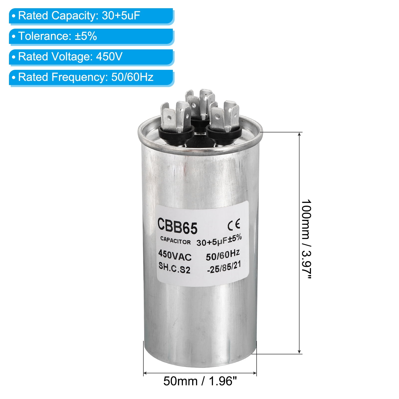 Uxcell CBB65 30+5uF Run Capacitor,30+5mfd 1Pcs AC 450V Aluminum Case with 3 Terminal