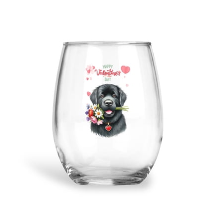 Happy Valentine s Day Newfoundland holding flowers 15oz Stemless Wine Glass Mug Newfie Dog Lover Gifts Wine Glasses Cup - 3005
