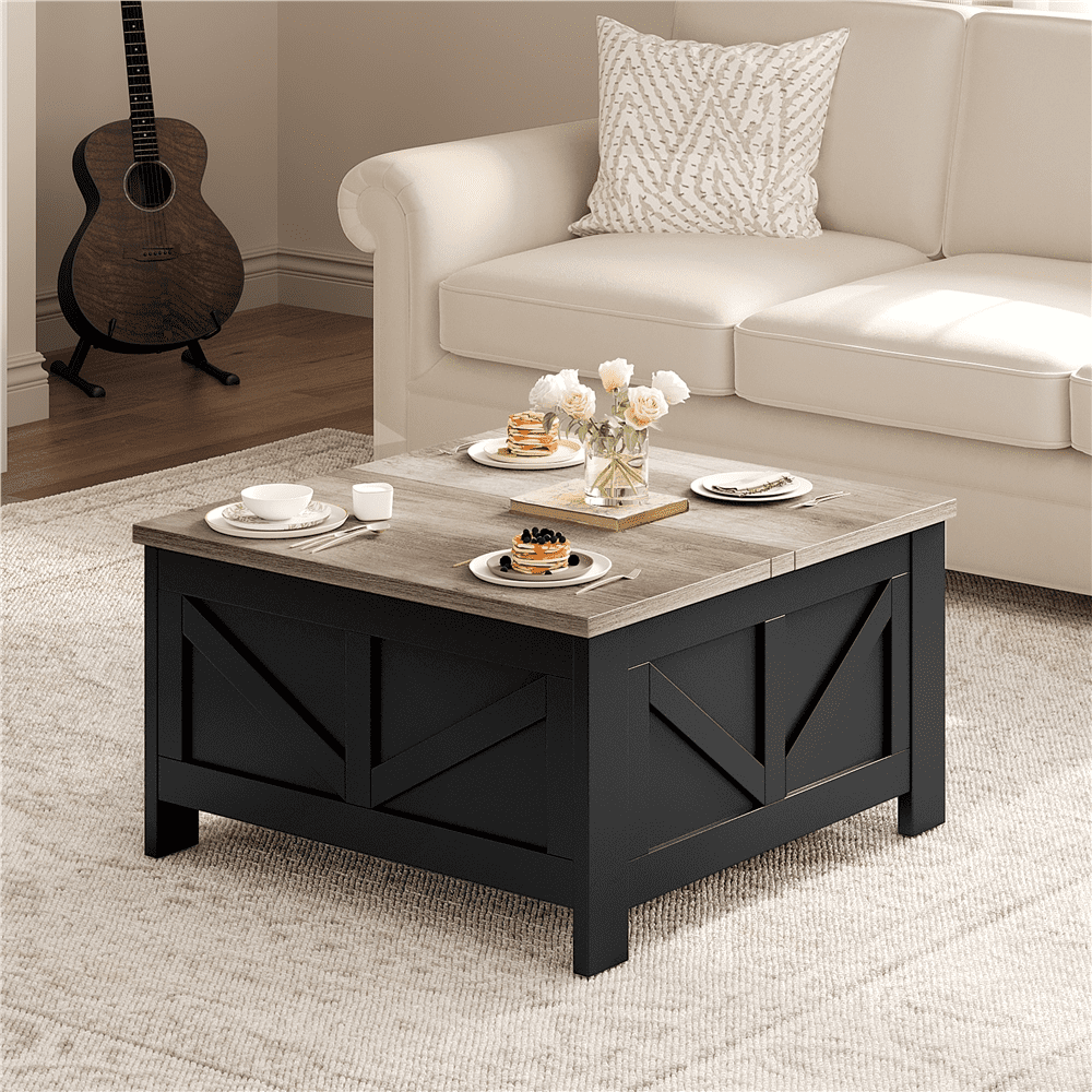 Alden Design Farmhouse Square Lift Top Coffee Table with Hidden Compartments, Black & Gray