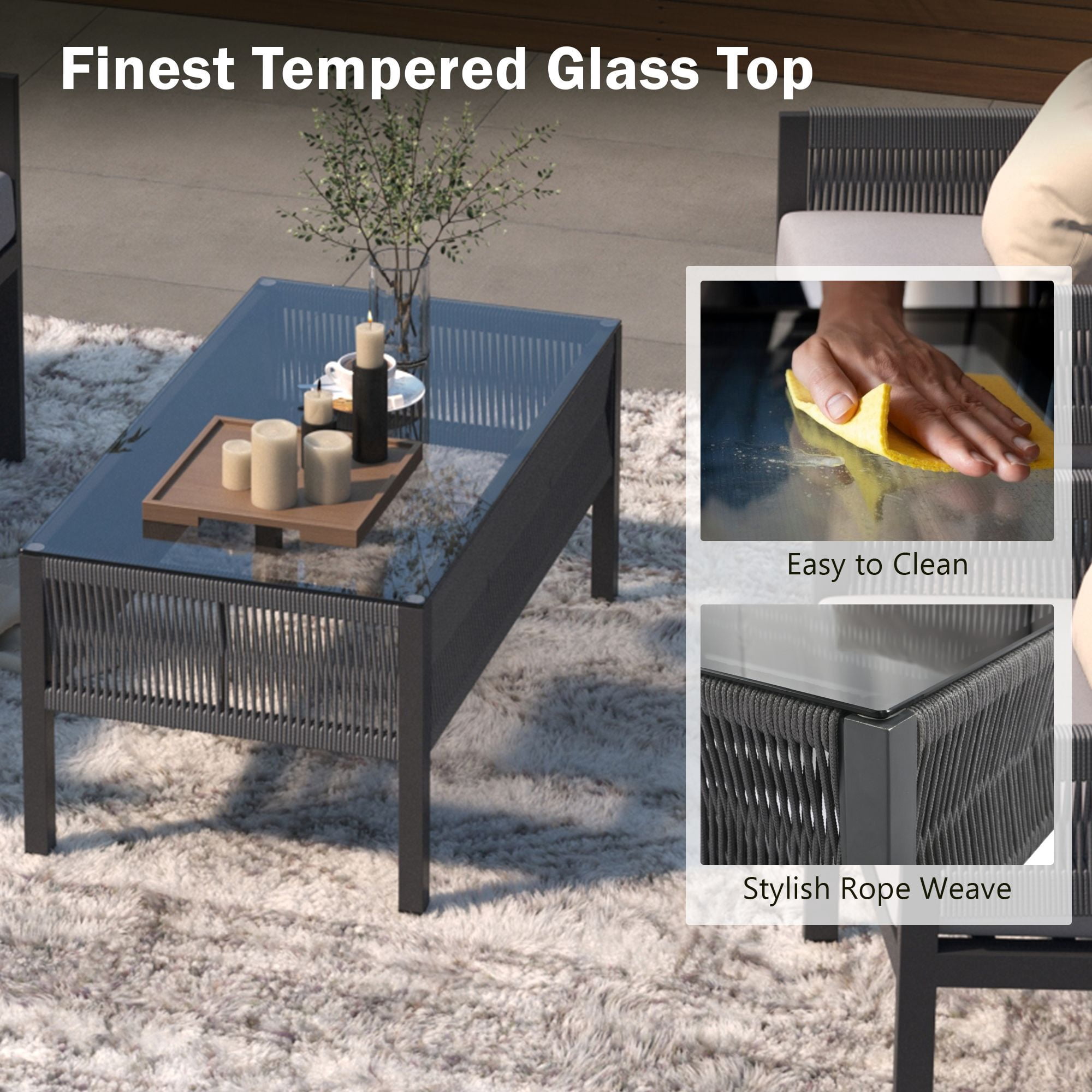 DEALTOPS 4-Piece Rope Patio Furniture Set, Outdoor Furniture with Tempered Glass Table, Patio Conversation Set Deep Seating with Thick Cushion for Backyard Porch Balcony-Grey
