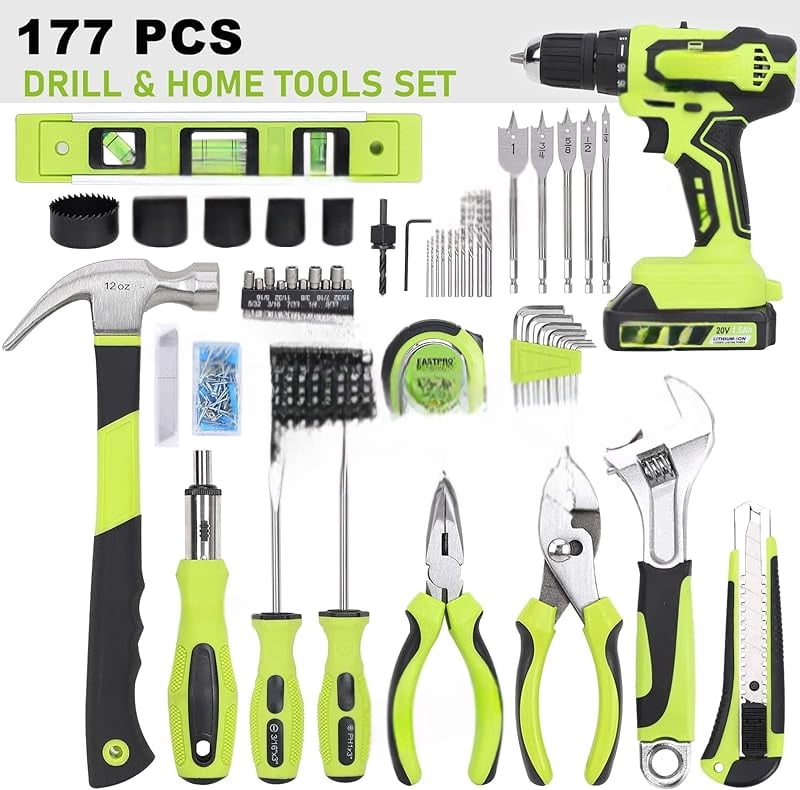 177-Piece 20V Cordless Lithium-ion Drill Driver and Home Tool Set, Household Repairing Kit with in Storage Case, Green