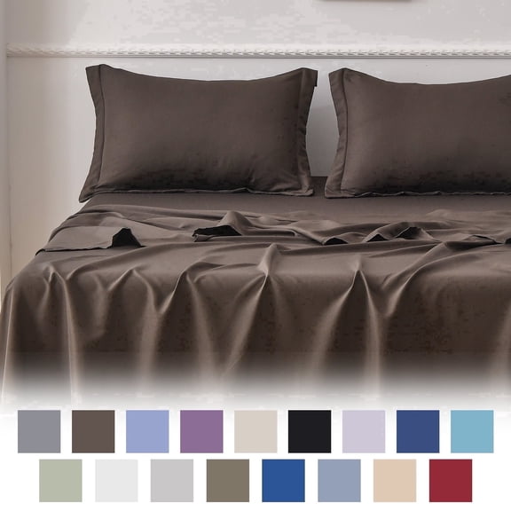 Jessy Home Bed Sheets Set 4 Piece Queen/Full Sheet Set Brown Gray Cotton Blend Fitted Sheet, Flat Sheet & 2 Pillowcases Bedding Set