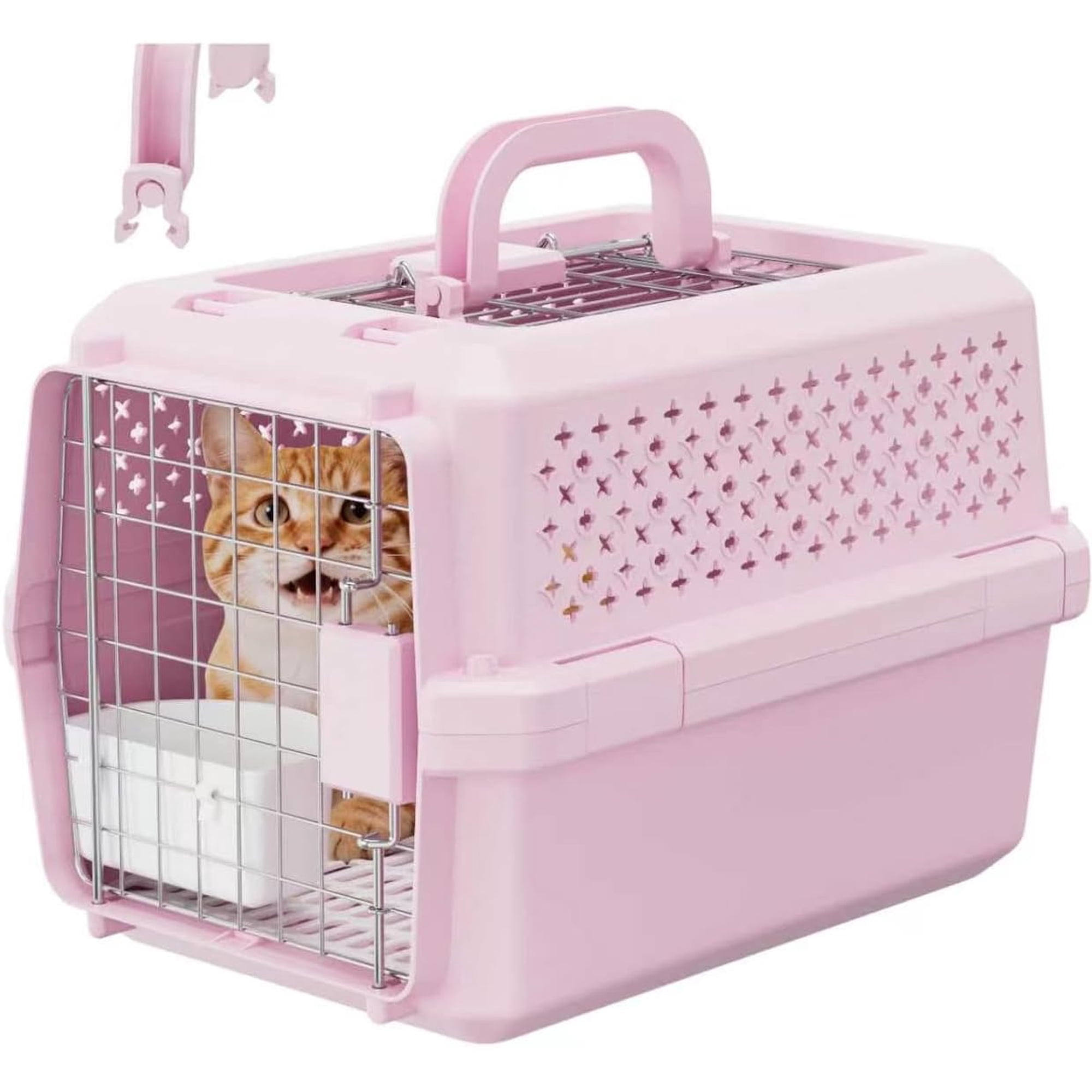 RIZZARI Pets Small Hard-Sided Dog Carrier:Portable Pet Travel Crate for Small Dogs & Cats - Ventilated Plastic Pet Carrier with Metal Door and Top Handle (Pink, Small)