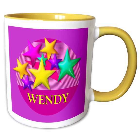 3drose, Vibrant Colored Stars on a Pink Background with the Name Wendy, 11oz Two-tone Yellow Mug