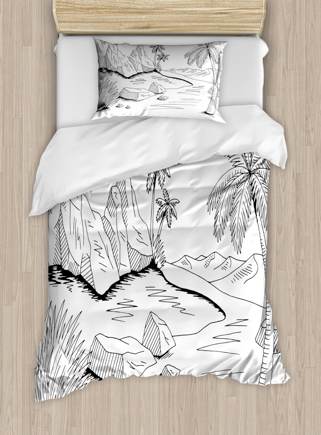 Oasis Duvet Cover Set, Hand Drawn Pencil Sketched Outline Drawings of a