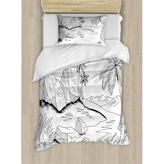 Oasis Duvet Cover Set Twin Size, Hand Drawn Pencil Sketched Outline Drawings of a Landscape Safari Elements, Decorative 2 Piece Bedding Set with 1 Pillow Sham, Charcoal Grey White, by Ambesonne