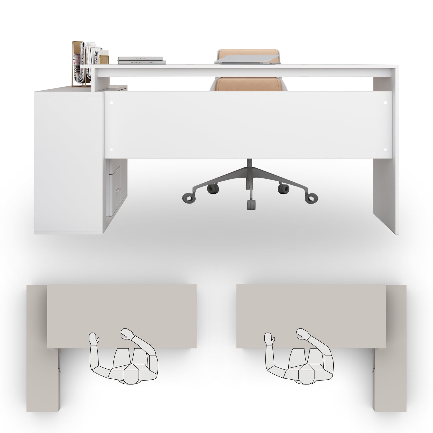 KULAGAGA Reversible L-Shaped White Writing Workstation Table, Computer Desk with Cabinet, Drawer and Shelf for Home Office Study, 55 inch