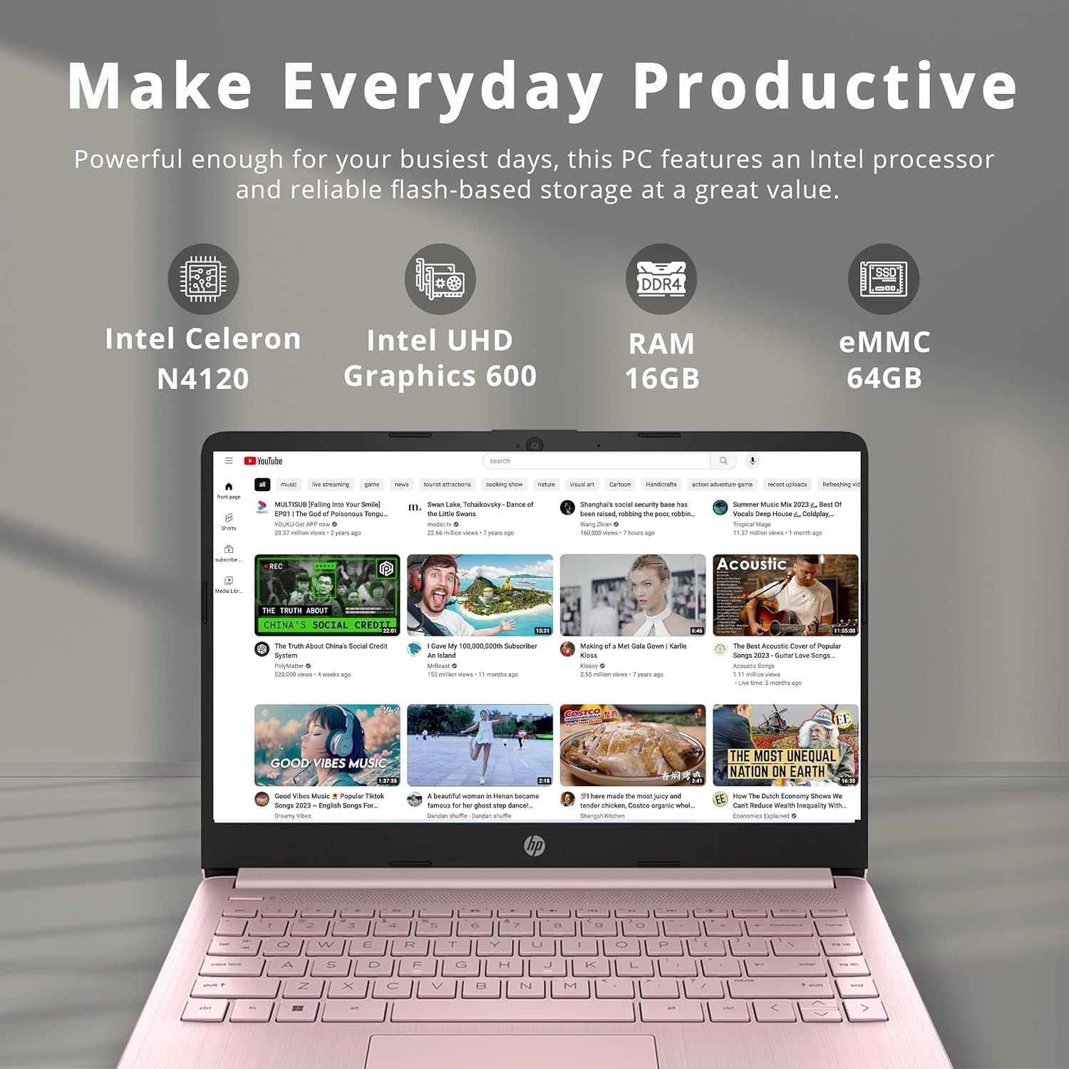 HP Stream 14" HD BrightView Laptop, Intel Celeron N4120, 16GB RAM, 64GB eMMC, Intel UHD Graphics, 720p Webcam, 1 Year Office 365, Pink, Win 11 S, 32GB Hotface USB Card