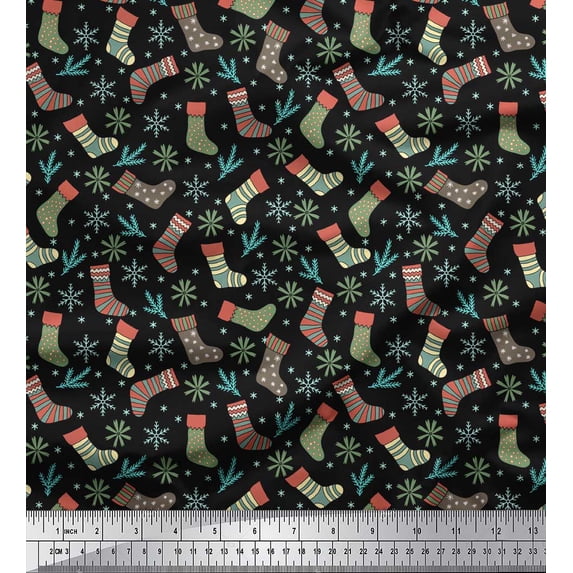 Soimoi Black polyester Crepe Fabric Snowflakes & Socks Winter Theme Print Fabric by Yard 42 Inch Wide