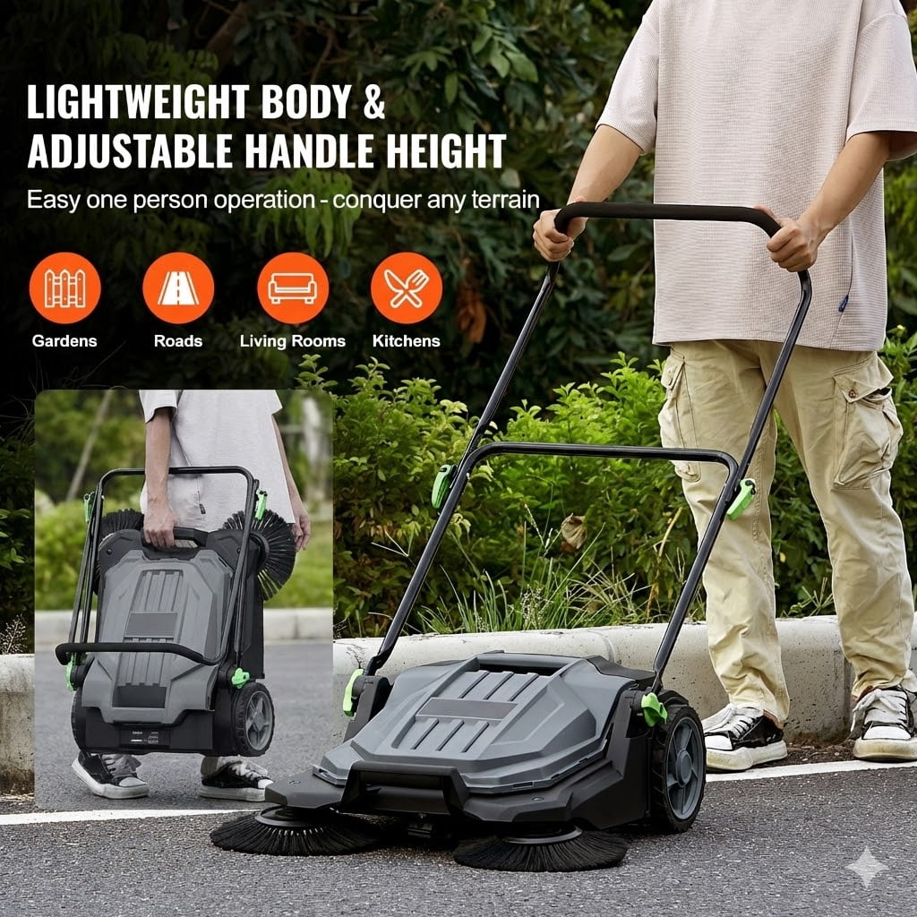 Walk-behind Hand Push Floor Sweeper, 25.6" Sweeping Width Floor Sweeper Manual Non-Electric, 5-Gallon Waste Container, Angle & Height Adjustable Folding Handle for Walkway, Yard, Garage, Patio