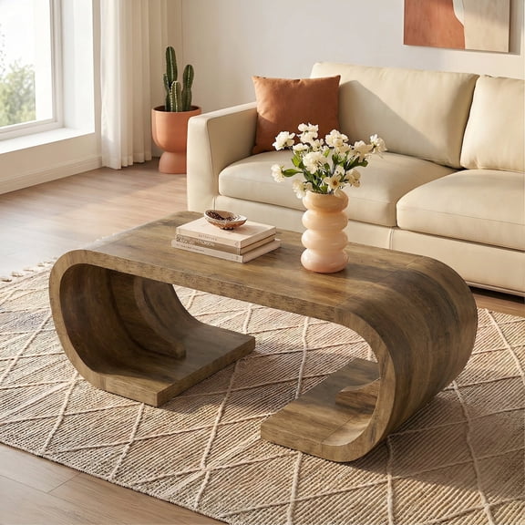 Finmind 47" Farmhouse Coffee Table, Heavy-Duty Center Table with Curved C-Shaped Base, Rustic Brown