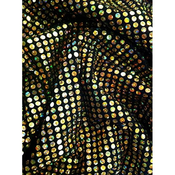Shiny All-over Holographic Circle Trans on Black Polyester Spandex Fabric By the Yard (Gold)