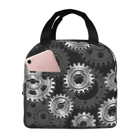 Insulated Lunch Bag for Women Men - Black Metallic Gear Pattern Leakproof Cooler Lunch Box for Women Men  Lunch Tote Bags for Work School Picnic Travel
