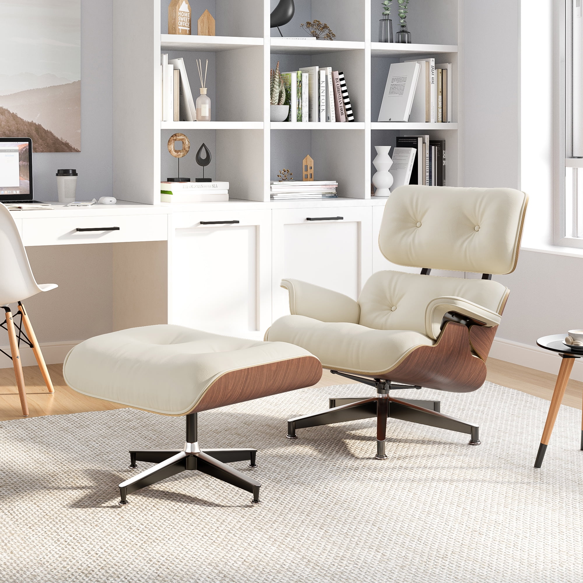 Mid Century Lounge Chair and Ottoman Set, Furgle Top Grain Leather Lounge Chair for Living Room