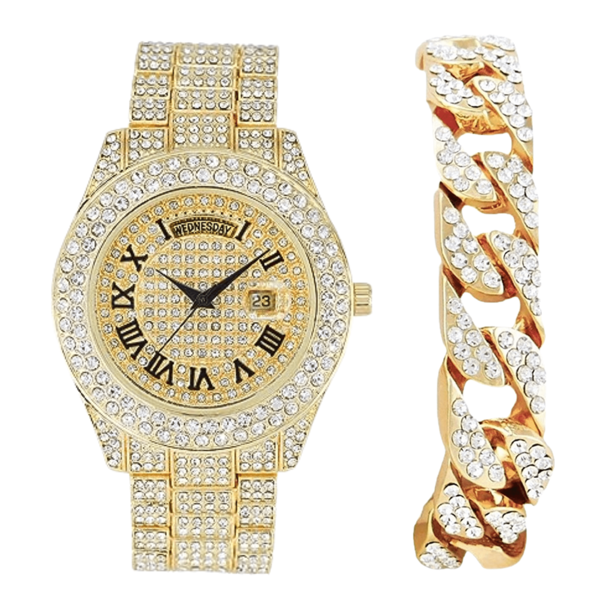 CHARLES RAYMOND Big Rocks Fully Iced Out Diamond Mens Watch w/Easy Read Date & Day - Designer Hip Hop Blinged Out Timepiece - ST10535 (ST10536-RN Gold -C)