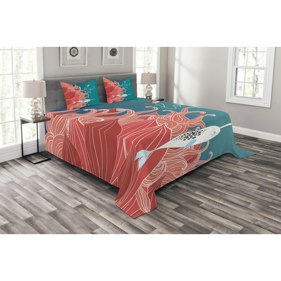 Ambesonne Narwhal Quilted Bedspread Set 3 Pcs, Arctic Whale and Bird, King Size, Teal Coral White