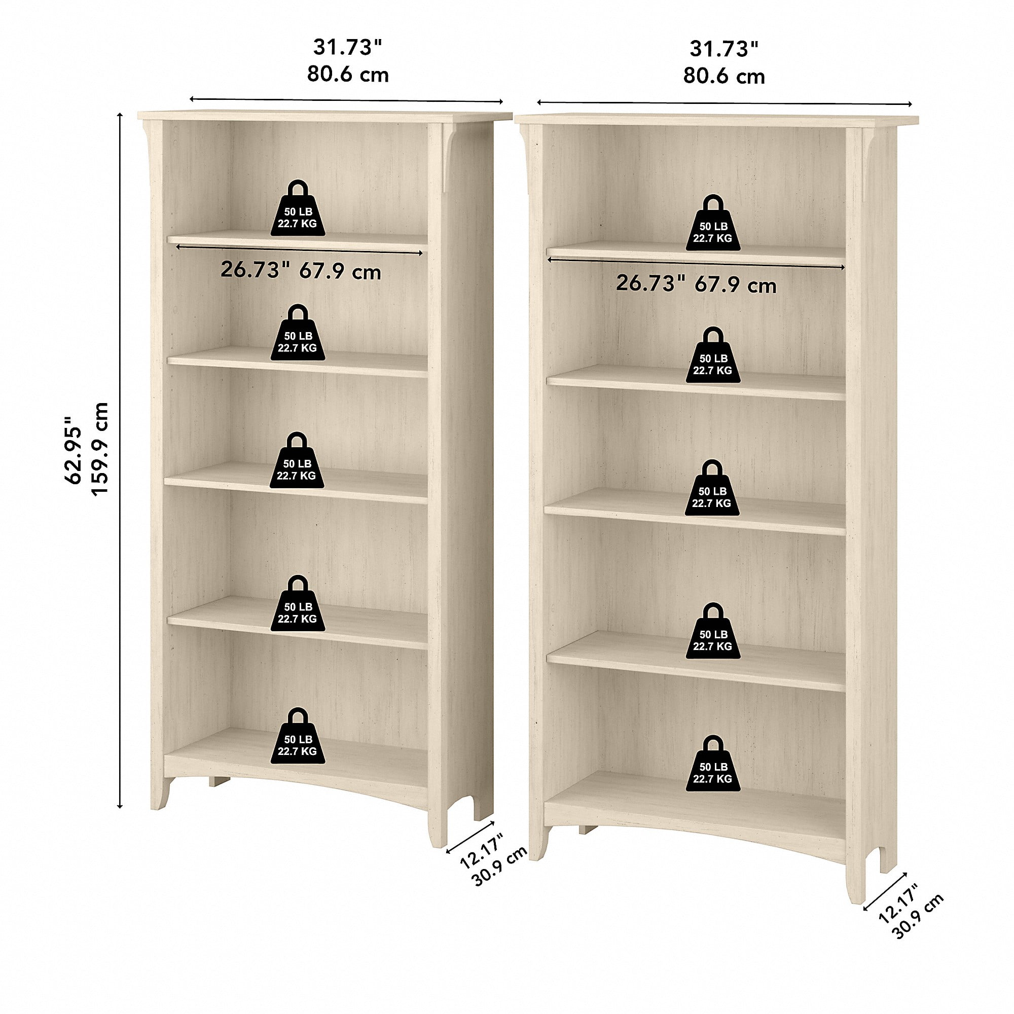 Bush Furniture Salinas Tall 5 Shelf Bookcase, Set of 2, Antique White