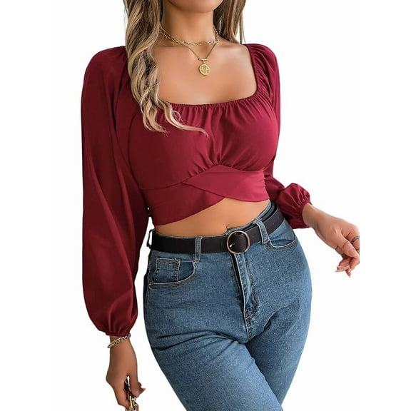 Women'S Ruched Wrap Square Neck Flounce Long Sleeve Self Tie Crop Top Blouse Wine Red S