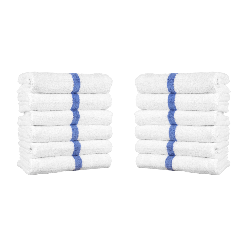 12 Pack of Cotton Pool Towels 22" x 44" White with Blue Stripe