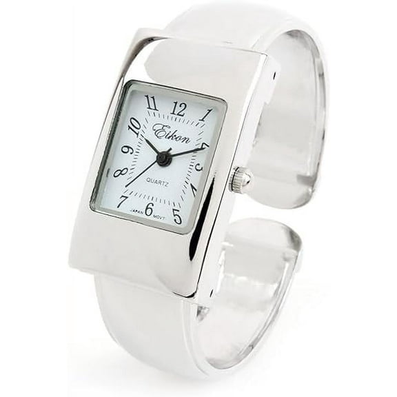 Silver Tone Rectangle Case Easy to Read Small Size Women's Bangle Cuff Watch