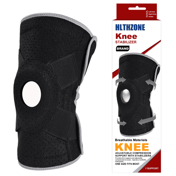 HLTHZONE Adjustable Knee Brace with Side Stabilizers for Running, Compression Knee Support for Meniscus Tear, Arthritis, ACL, LCL, Knee Pain Relief for Men & Women, One Size(Black/Gray)
