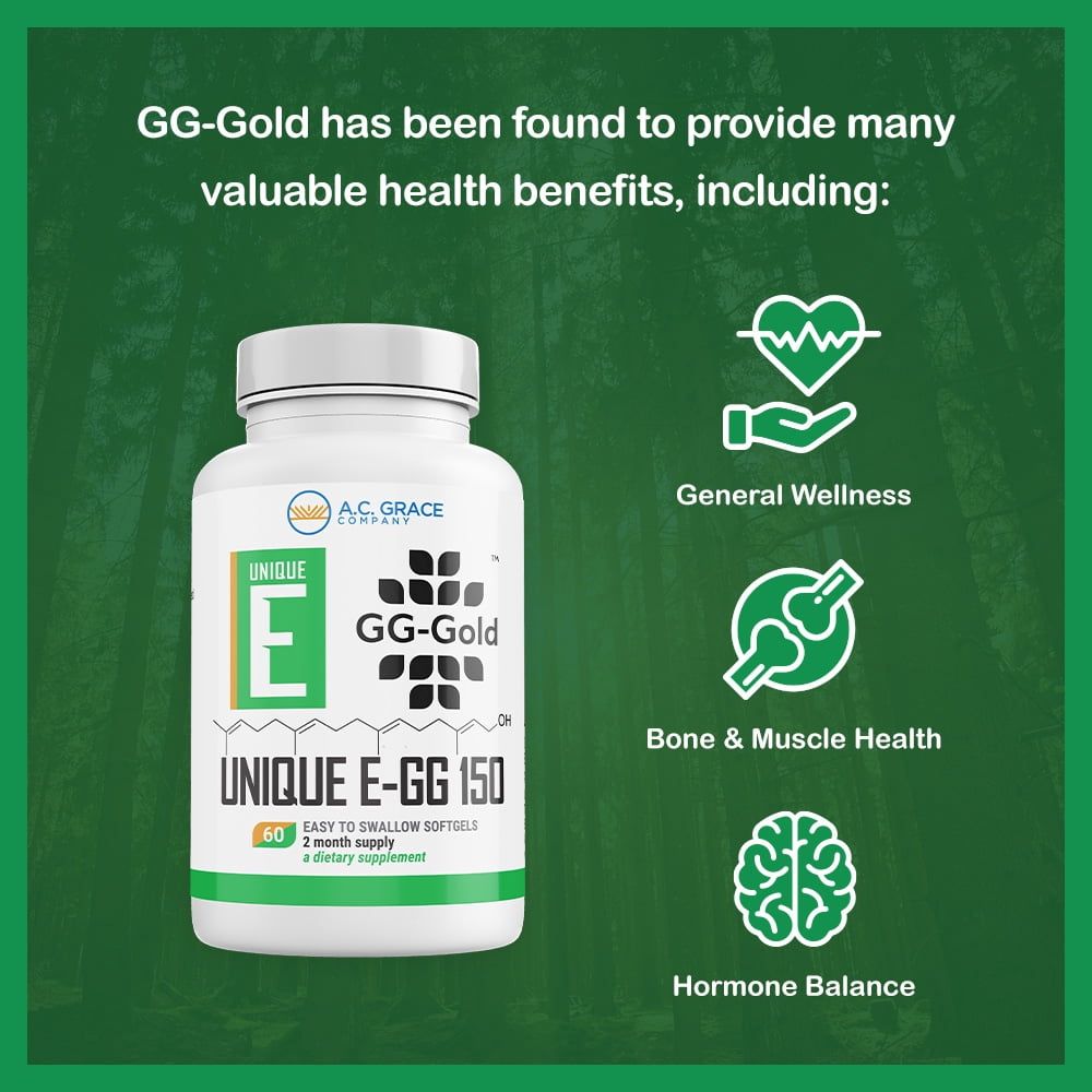 UNIQUE E A.C. Grace Company GG-Gold - 150mg Geranylgeraniol Supplement - Premium Annatto-Derived GG for Statin Users, Cellular Energy, Muscle & Bone Health - 60 Softgels