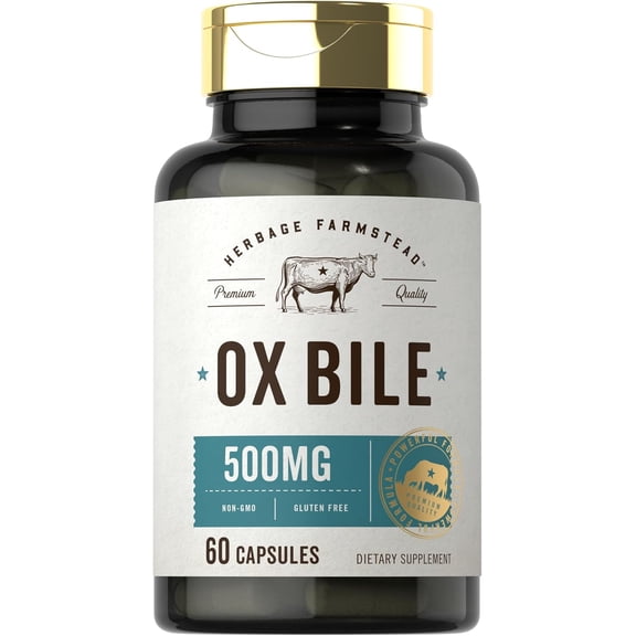 Ox Bile Supplement 500mg | 60 Capsules | Non-GMO & Gluten Free | by Herbage Farmstead
