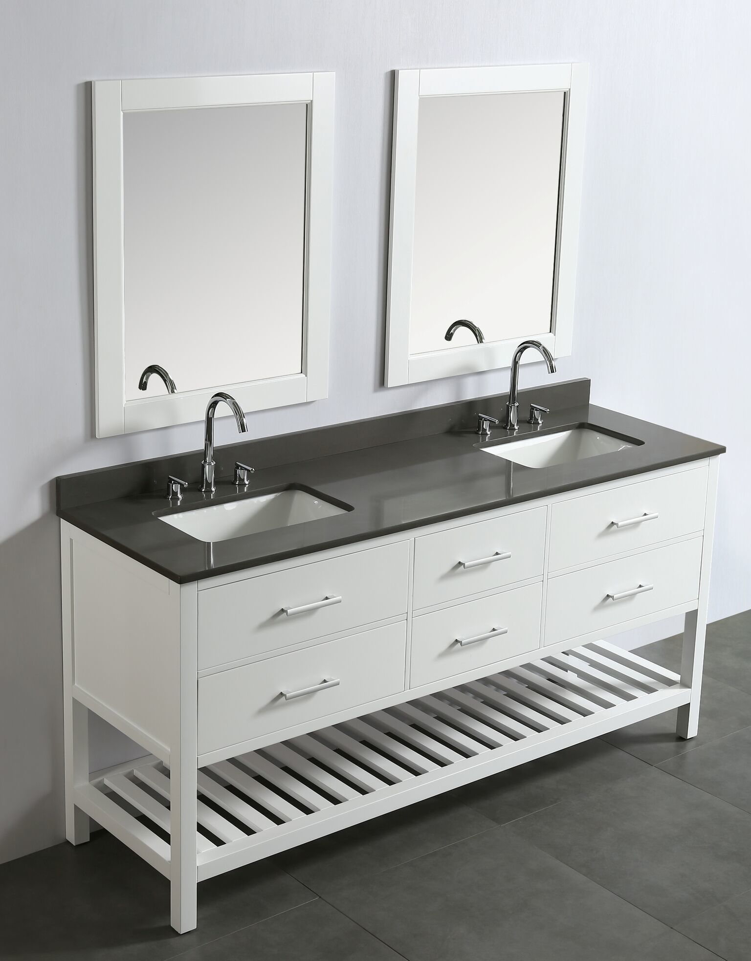 Design Element London 72" Double Sink Bathroom Vanity Set in White with Gray Quartz Top