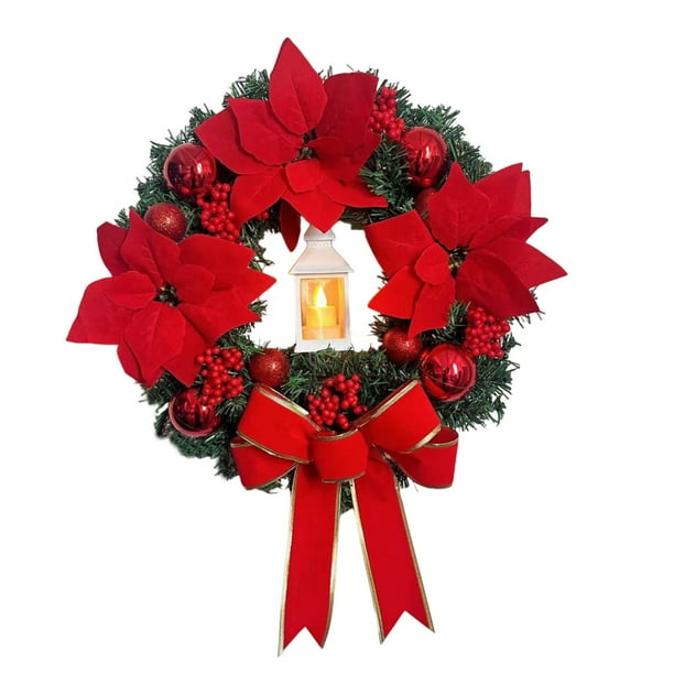 Ganfancp 2024 Grandes Coronas de Navidad para La Puerta Artificial Iluminado Corona de Navidad con Lazo Rojo Navidad Puerta Corona con Bola de Navidad Navidad Artículos En Liquidación Corona de Navid