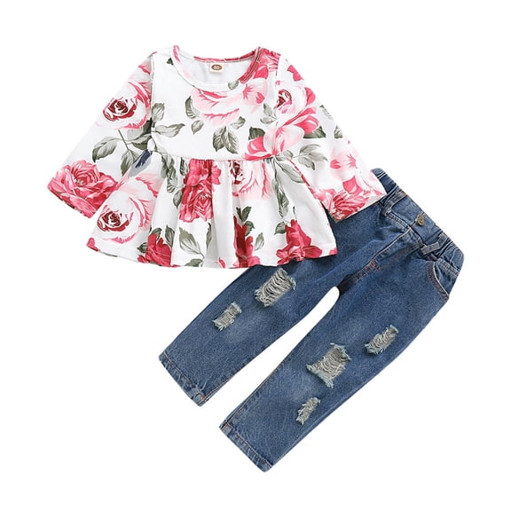 Fesfesfes Toddler Girl Fall Outfits Girls Spring And Fall Round Neck Beautiful Flower Print Thin Long Sleeved Pants Set
