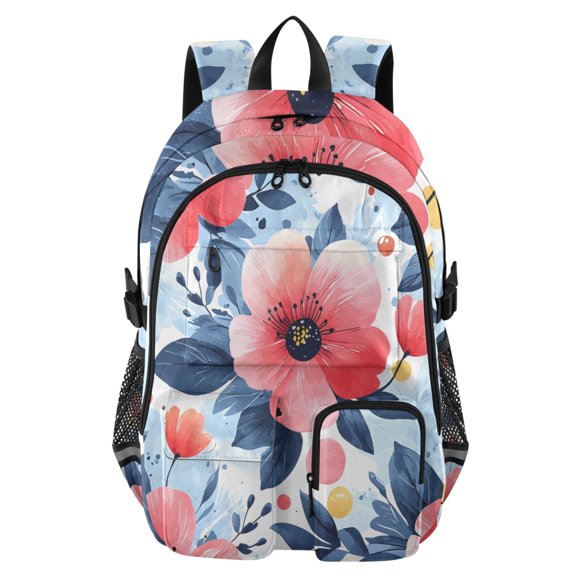 DIXRUYEE Coral Flower Blue Leaf Dots Pattern Backpack for School 14”Laptop Compatible with Reflective Safety Strips