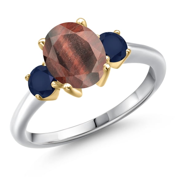 Gem Stone King 925 Silver and 10K Yellow Gold Red Tiger Eye and Blue Sapphire Engagement Ring for Women | 2.20 Cttw | Oval 9X7MM | Gemstone Birthstone | Size 8