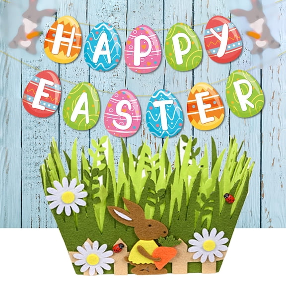 Easter Basket,Portable Non-Woven Picket Fence Felt Basket With Daisy Pink Bunny,Elegant Green Storage Container for Easter Party Supplies