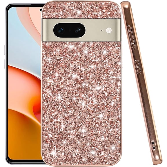 Compatible with Google Pixel 8a Case Glitter Shockproof, Google Pixel 8a Phone Case Bling Sparkly TPU and PC Silicone Shiny Girl Women Thin Protective Cover (Rose Gold)