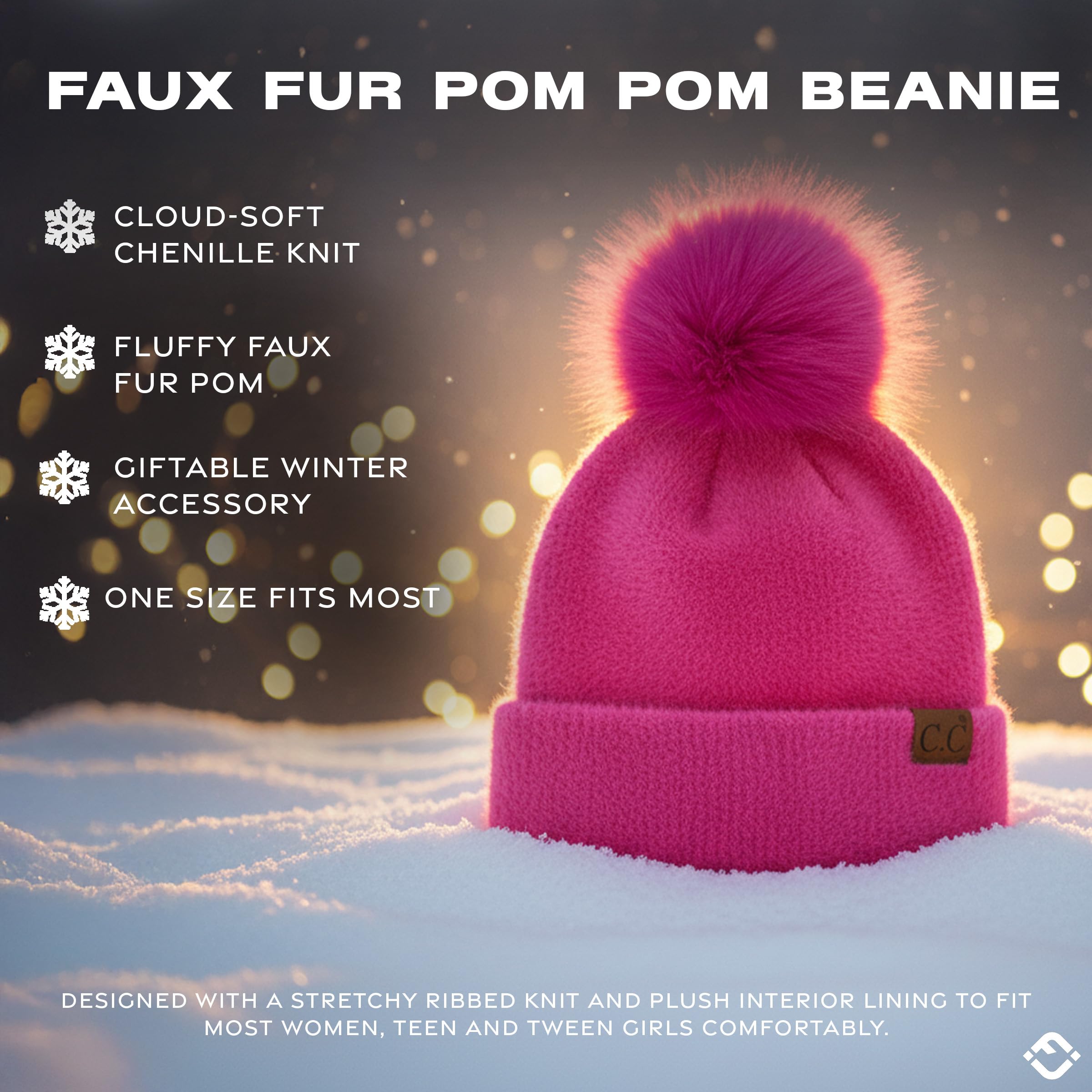 Funky Junque Beanie for Women Ultra Soft Chenille Faux Fur Pom Pom Winter Hats Warm Ski Cap Fashion - Hot Pink