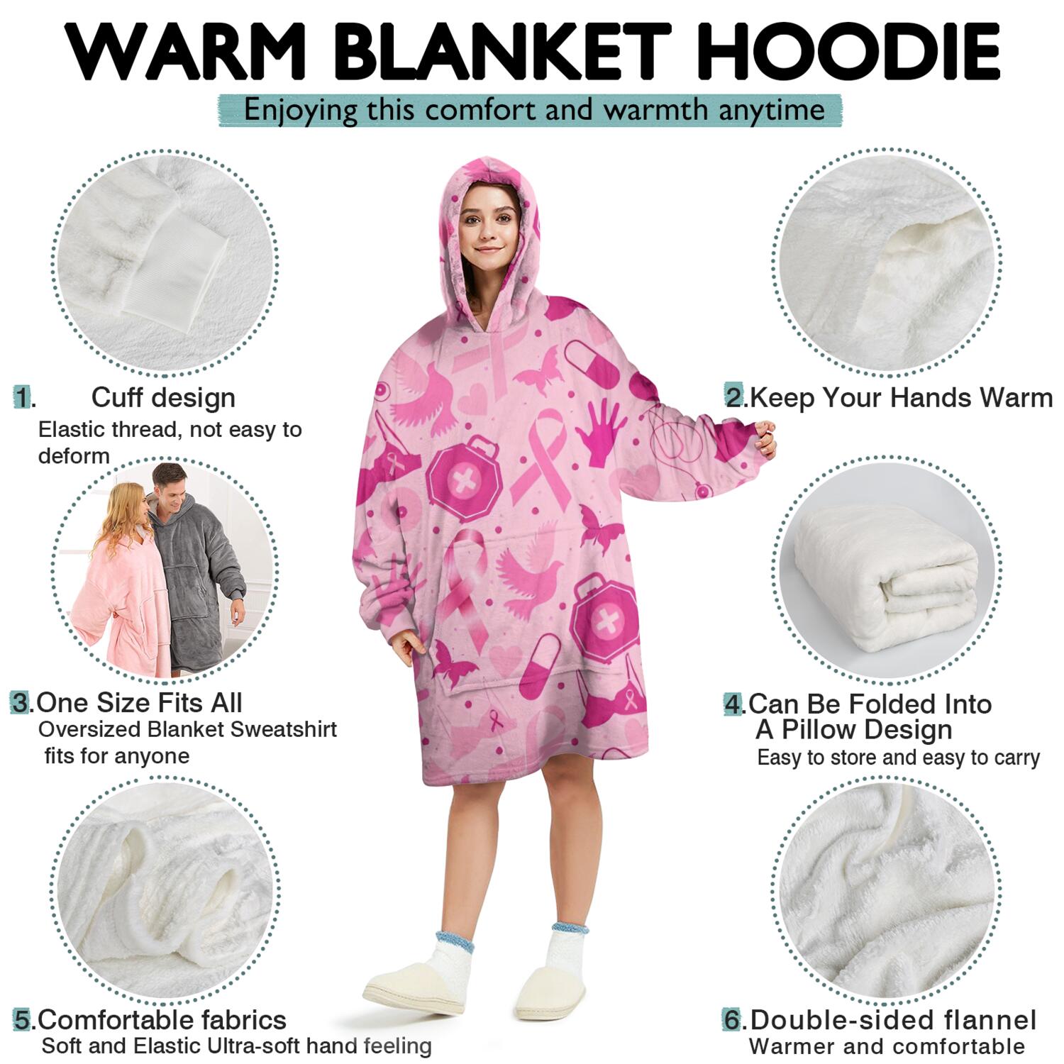 Wearable Oversized Blanket,Pink Breast Cancer Wearable Blanket Hoodie for Adults,Cozy Hooded Blankets with Super Pockets,Super Warm Fuzzy Pullover for Women & Men